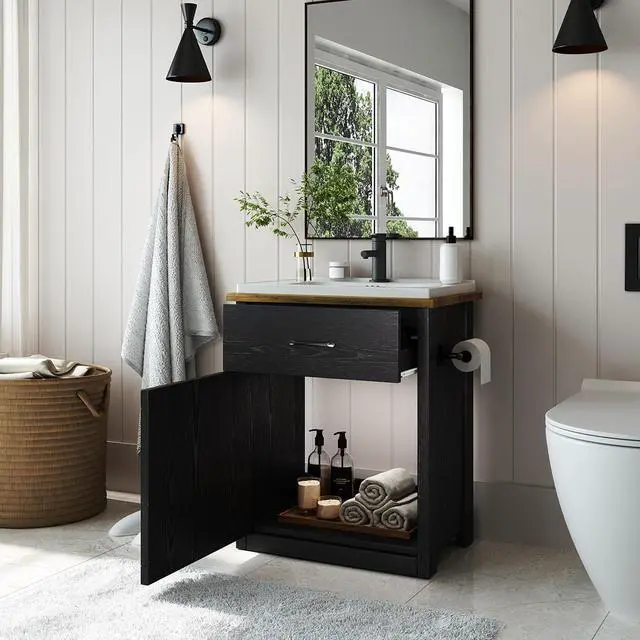 Alt view image 4 of 6 - 24 Inch Bathroom Vanity with Sink, Farmhouse Bathroom Vanity Cabinet with Drawer & Barn Door, Towel Bar, Black