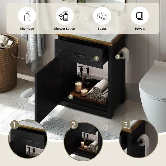 Alt view image 6 of 6 - 24 Inch Bathroom Vanity with Sink, Farmhouse Bathroom Vanity Cabinet with Drawer & Barn Door, Towel Bar, Black