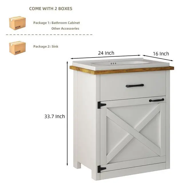 Alt view image 2 of 6 - 24 Inch Bathroom Vanity with Sink, Farmhouse Bathroom Vanity Cabinet with Drawer & Barn Door, Towel Bar, White