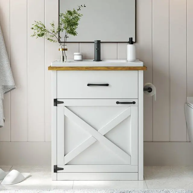Alt view image 3 of 6 - 24 Inch Bathroom Vanity with Sink, Farmhouse Bathroom Vanity Cabinet with Drawer & Barn Door, Towel Bar, White