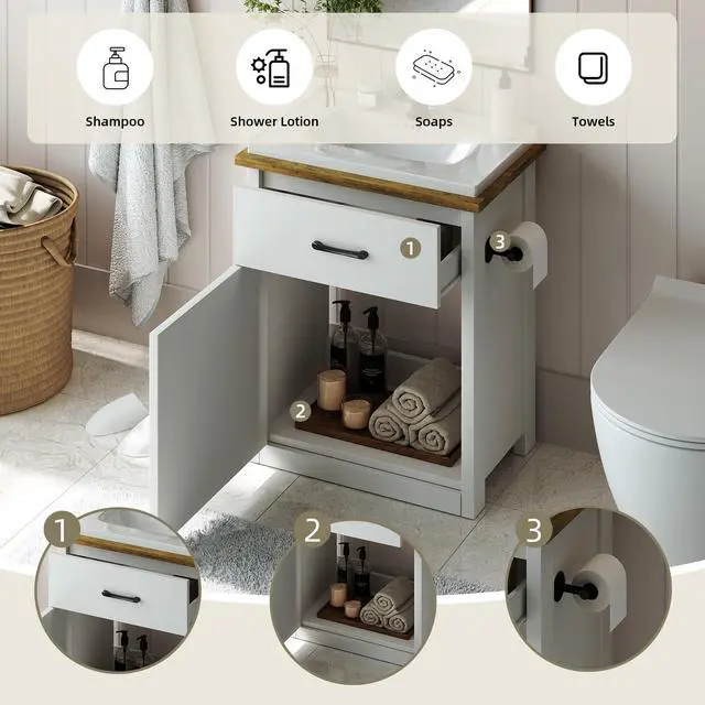 Alt view image 5 of 6 - 24 Inch Bathroom Vanity with Sink, Farmhouse Bathroom Vanity Cabinet with Drawer & Barn Door, Towel Bar, White