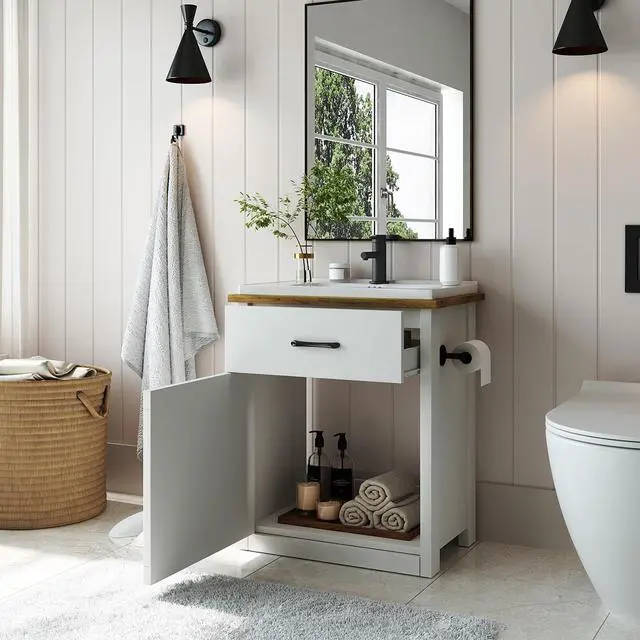 Alt view image 6 of 6 - 24 Inch Bathroom Vanity with Sink, Farmhouse Bathroom Vanity Cabinet with Drawer & Barn Door, Towel Bar, White