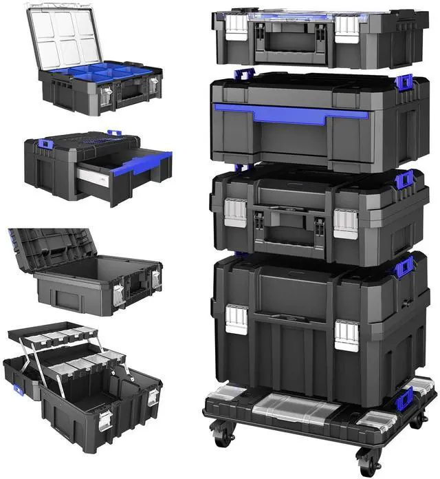 Main image of 4 Tier Stackable Rolling Tool Box with Wheels | Modular Tool Organizer Box Storage System | Portable Tool Box with Drawers | Tough and Durable | For Garage Storage | Home Repairs | Professional Work