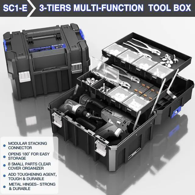 Alt view image 4 of 6 - 4 Tier Stackable Rolling Tool Box with Wheels | Modular Tool Organizer Box Storage System | Portable Tool Box with Drawers | Tough and Durable | For Garage Storage | Home Repairs | Professional Work