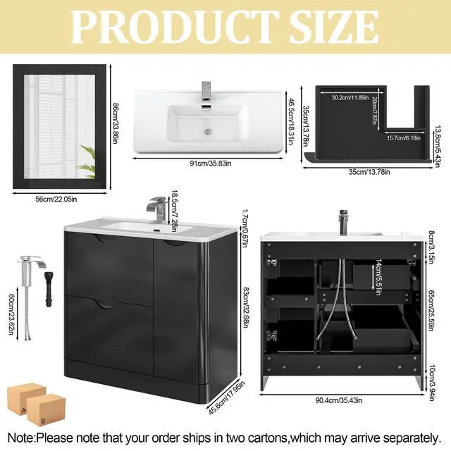 Alt view image 2 of 6 - 36 Inch Bathroom Vanity with Sink,Mirror,Faucet Set, Modern High Gloss Freestanding Bathroom Storage Vanity Cabinet Set,2 Drawers,Ceramic Storage Cabinet with Sink Combo Set, Black