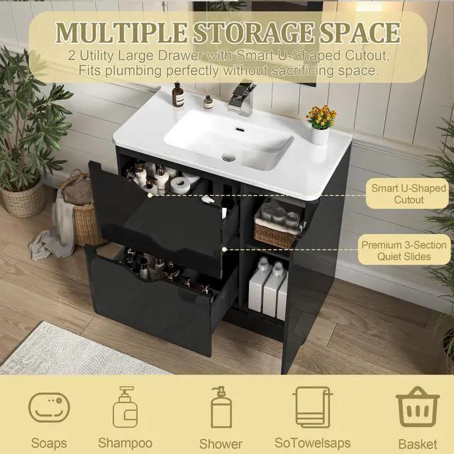 Alt view image 3 of 6 - 36 Inch Bathroom Vanity with Sink,Mirror,Faucet Set, Modern High Gloss Freestanding Bathroom Storage Vanity Cabinet Set,2 Drawers,Ceramic Storage Cabinet with Sink Combo Set, Black