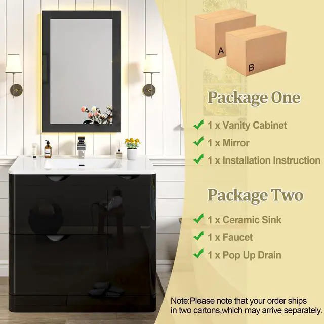 Alt view image 4 of 6 - 36 Inch Bathroom Vanity with Sink,Mirror,Faucet Set, Modern High Gloss Freestanding Bathroom Storage Vanity Cabinet Set,2 Drawers,Ceramic Storage Cabinet with Sink Combo Set, Black