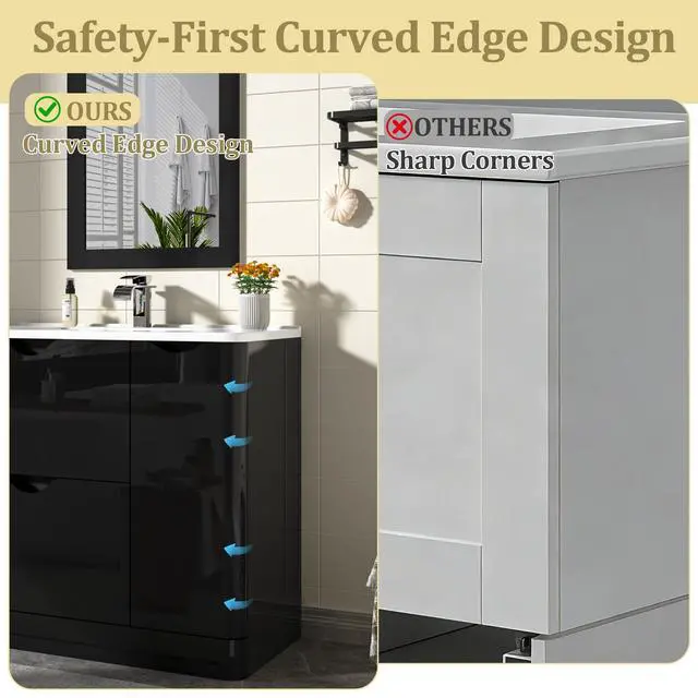 Alt view image 5 of 6 - 36 Inch Bathroom Vanity with Sink,Mirror,Faucet Set, Modern High Gloss Freestanding Bathroom Storage Vanity Cabinet Set,2 Drawers,Ceramic Storage Cabinet with Sink Combo Set, Black