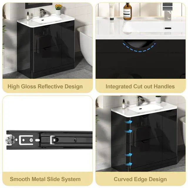 Alt view image 6 of 6 - 36 Inch Bathroom Vanity with Sink,Mirror,Faucet Set, Modern High Gloss Freestanding Bathroom Storage Vanity Cabinet Set,2 Drawers,Ceramic Storage Cabinet with Sink Combo Set, Black