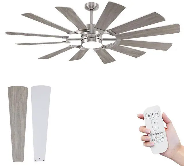Main image of 62 Inch Ceiling Fan with Light Remote, Modern Farmhouse Industrial 12 Blade(Sliver/Oak), High CFM Quiet Reversible DC Motor, Damp Rated Indoor Outdoor Ceiling Fans for Patios Garage Porch Barn Gym