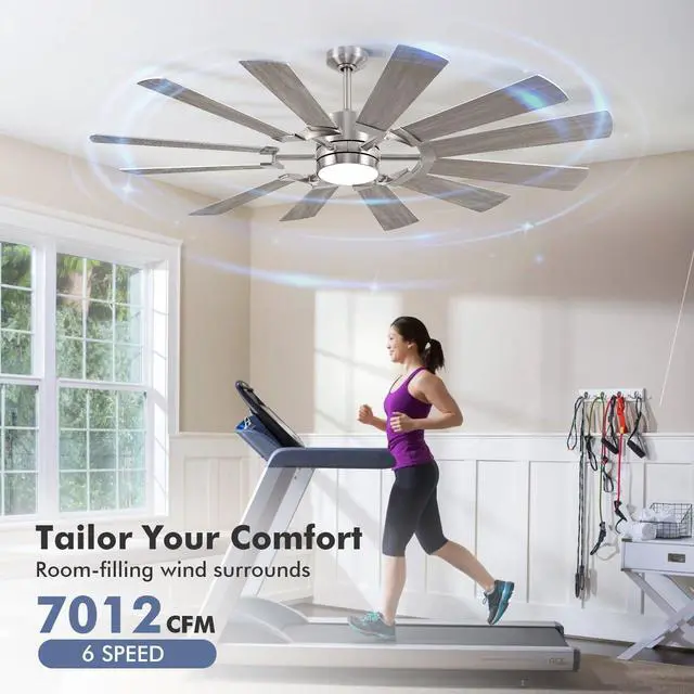 Alt view image 2 of 6 - 62 Inch Ceiling Fan with Light Remote, Modern Farmhouse Industrial 12 Blade(Sliver/Oak), High CFM Quiet Reversible DC Motor, Damp Rated Indoor Outdoor Ceiling Fans for Patios Garage Porch Barn Gym