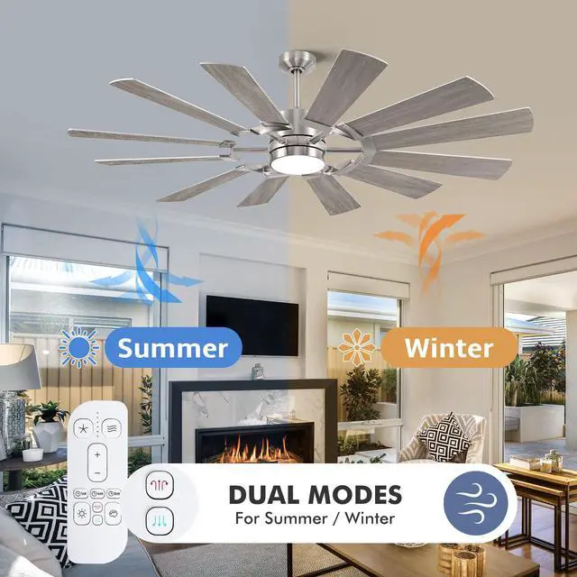 Alt view image 5 of 6 - 62 Inch Ceiling Fan with Light Remote, Modern Farmhouse Industrial 12 Blade(Sliver/Oak), High CFM Quiet Reversible DC Motor, Damp Rated Indoor Outdoor Ceiling Fans for Patios Garage Porch Barn Gym