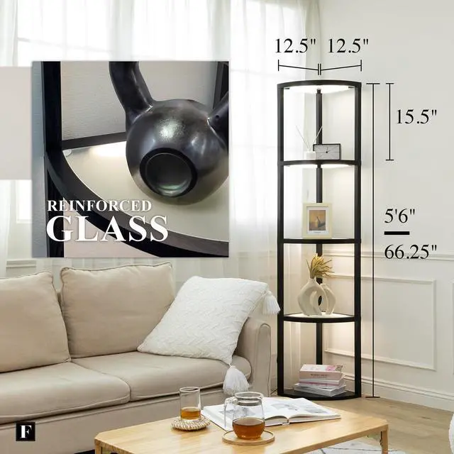 Alt view image 2 of 6 - Corner Floor Lamp with Shelves, Dimmable LED Corner Shelf with Lights, Standing Lamp for Living Room, Shelf Lamp with Full Brightness Control, Color Changing Temps, and Reinforced Glass