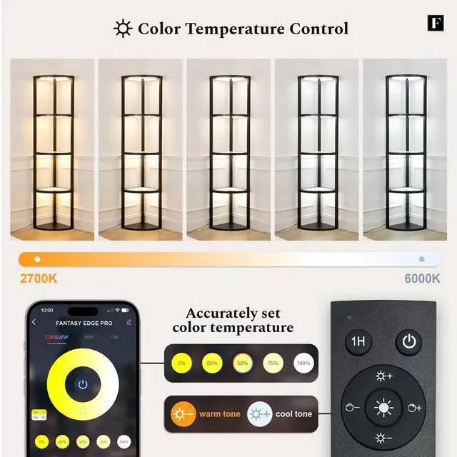 Alt view image 4 of 6 - Corner Floor Lamp with Shelves, Dimmable LED Corner Shelf with Lights, Standing Lamp for Living Room, Shelf Lamp with Full Brightness Control, Color Changing Temps, and Reinforced Glass