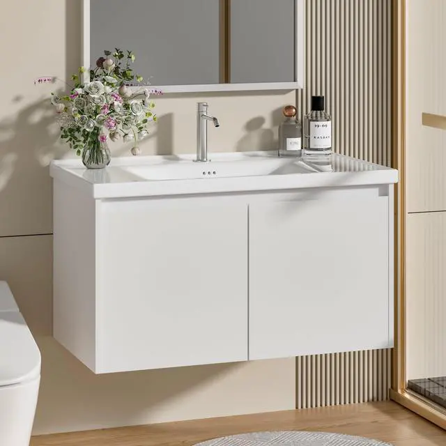 Main image of Bathroom Vanity with Ceramic Sink, 36 Inch Wall Mounted Bathroom Floating Vanity, Bathroom Sink Vanity with 2 Doors, Bathroom Vanity Cabinet, White