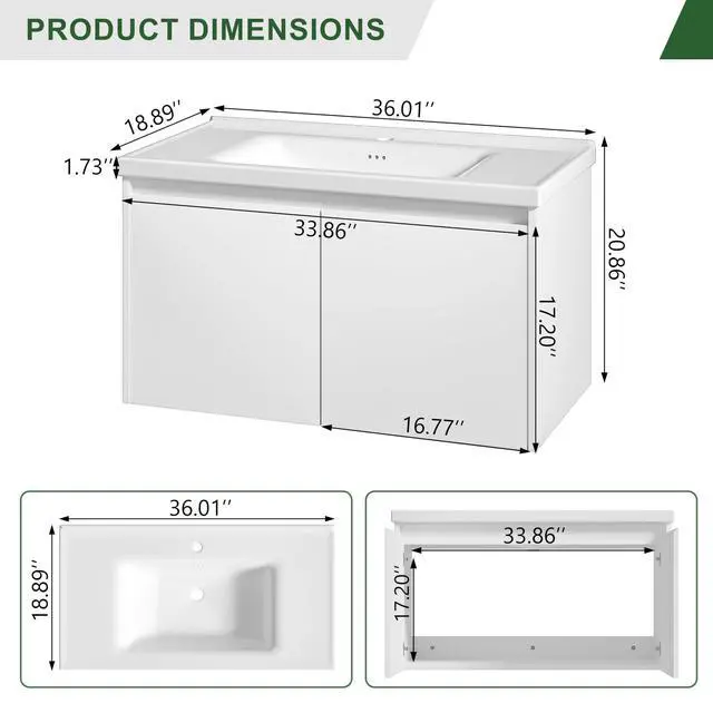 Alt view image 2 of 6 - Bathroom Vanity with Ceramic Sink, 36 Inch Wall Mounted Bathroom Floating Vanity, Bathroom Sink Vanity with 2 Doors, Bathroom Vanity Cabinet, White