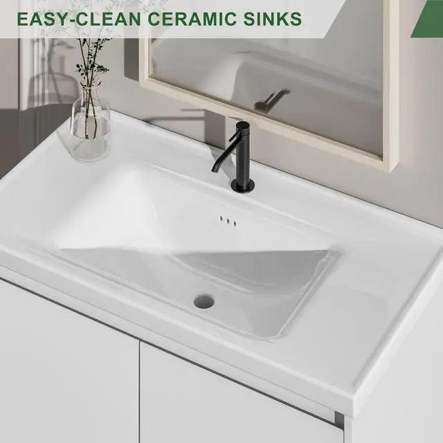 Alt view image 3 of 6 - Bathroom Vanity with Ceramic Sink, 36 Inch Wall Mounted Bathroom Floating Vanity, Bathroom Sink Vanity with 2 Doors, Bathroom Vanity Cabinet, White