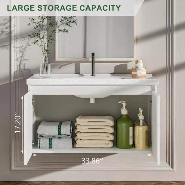 Alt view image 4 of 6 - Bathroom Vanity with Ceramic Sink, 36 Inch Wall Mounted Bathroom Floating Vanity, Bathroom Sink Vanity with 2 Doors, Bathroom Vanity Cabinet, White