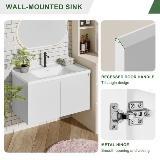 Alt view image 5 of 6 - Bathroom Vanity with Ceramic Sink, 36 Inch Wall Mounted Bathroom Floating Vanity, Bathroom Sink Vanity with 2 Doors, Bathroom Vanity Cabinet, White