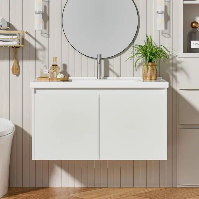 Alt view image 6 of 6 - Bathroom Vanity with Ceramic Sink, 36 Inch Wall Mounted Bathroom Floating Vanity, Bathroom Sink Vanity with 2 Doors, Bathroom Vanity Cabinet, White