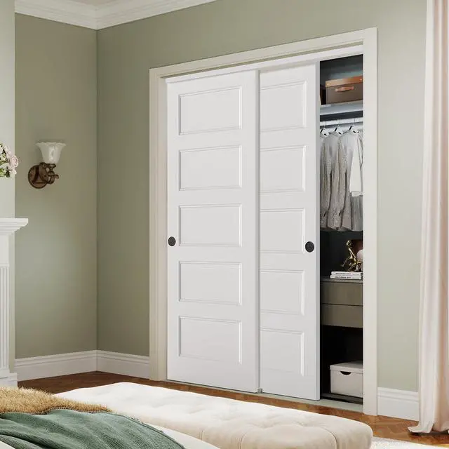 Main image of 60x80 in 5-Panel Bypass Sliding Closet Door, White Primed Door Slab with Bypass Closet Track Hardware Kits, Paintable and Lightweight