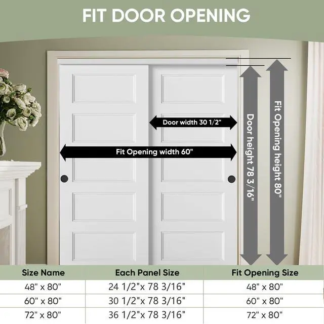 Alt view image 2 of 6 - 60x80 in 5-Panel Bypass Sliding Closet Door, White Primed Door Slab with Bypass Closet Track Hardware Kits, Paintable and Lightweight