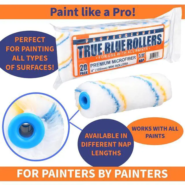 Alt view image 3 of 6 - True Blue 4" Professional Paint Roller Covers, 4 Inch, Best for All Types of Painting Surfaces, Refill Bulk Pack (200, 3/8" Nap)