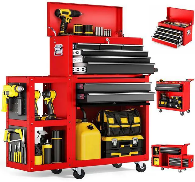 Main image of 8-Drawer Rolling Tool Chest, Assembled Metal Tool Storage Cabinet with Wheels, Locking Sliding Drawers & Detachable Top Box, for Garage Workshop Repair Room Warehouse, Red