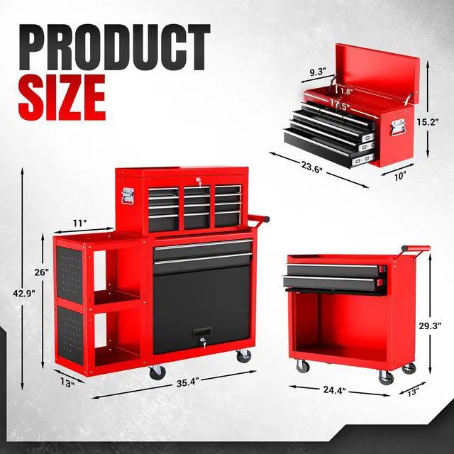 Alt view image 3 of 6 - 8-Drawer Rolling Tool Chest, Assembled Metal Tool Storage Cabinet with Wheels, Locking Sliding Drawers & Detachable Top Box, for Garage Workshop Repair Room Warehouse, Red
