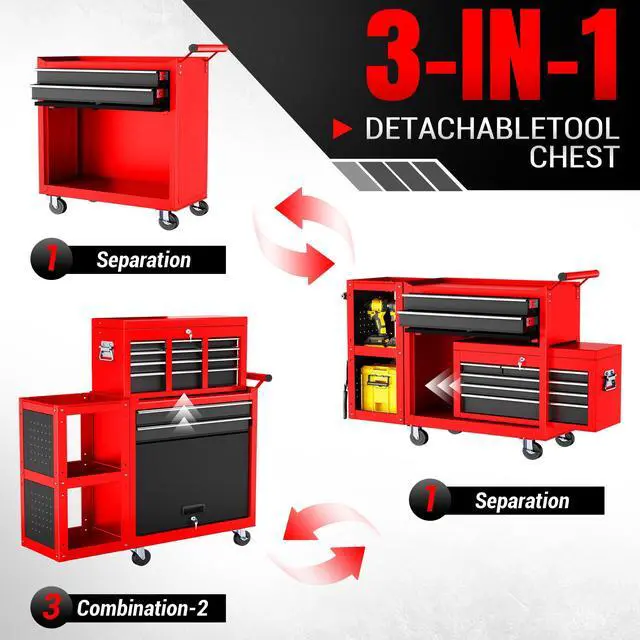 Alt view image 4 of 6 - 8-Drawer Rolling Tool Chest, Assembled Metal Tool Storage Cabinet with Wheels, Locking Sliding Drawers & Detachable Top Box, for Garage Workshop Repair Room Warehouse, Red