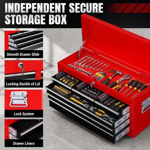 Alt view image 5 of 6 - 8-Drawer Rolling Tool Chest, Assembled Metal Tool Storage Cabinet with Wheels, Locking Sliding Drawers & Detachable Top Box, for Garage Workshop Repair Room Warehouse, Red