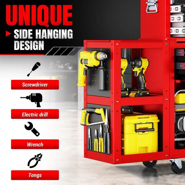 Alt view image 6 of 6 - 8-Drawer Rolling Tool Chest, Assembled Metal Tool Storage Cabinet with Wheels, Locking Sliding Drawers & Detachable Top Box, for Garage Workshop Repair Room Warehouse, Red
