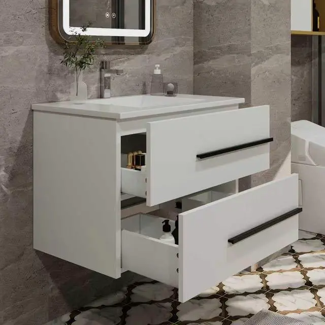 Alt view image 2 of 6 - 30 Inch Bathroom Vanity, Modern Wall Mounted Floating Bathroom Vanity, Bathroom Vanities Sink Cabinet with Storage Drawers & Metal Handles (White Without Ceramic Sink 30")