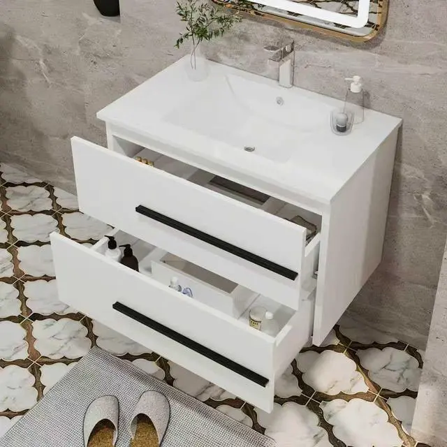 Alt view image 5 of 6 - 30 Inch Bathroom Vanity, Modern Wall Mounted Floating Bathroom Vanity, Bathroom Vanities Sink Cabinet with Storage Drawers & Metal Handles (White Without Ceramic Sink 30")