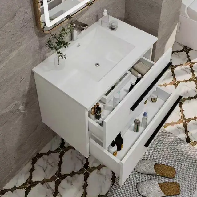 Alt view image 6 of 6 - 30 Inch Bathroom Vanity, Modern Wall Mounted Floating Bathroom Vanity, Bathroom Vanities Sink Cabinet with Storage Drawers & Metal Handles (White Without Ceramic Sink 30")