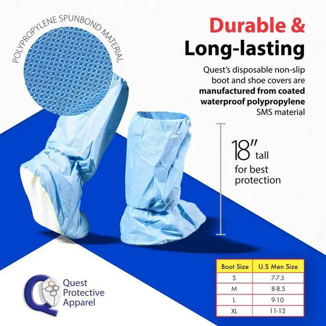 Alt view image 2 of 6 - Quest Traction Disposable Boot & Shoe Covers 18" Tall Non-Slip, Water-Resistant Protective Overshoes, Blue, X-Large, 50 Pairs for Cleanroom, Medical & Industrial Use