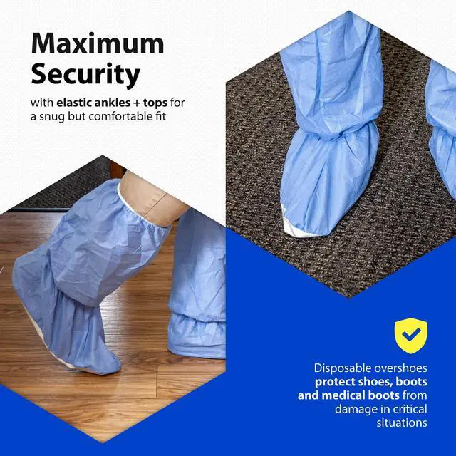 Alt view image 4 of 6 - Quest Traction Disposable Boot & Shoe Covers 18" Tall Non-Slip, Water-Resistant Protective Overshoes, Blue, X-Large, 50 Pairs for Cleanroom, Medical & Industrial Use
