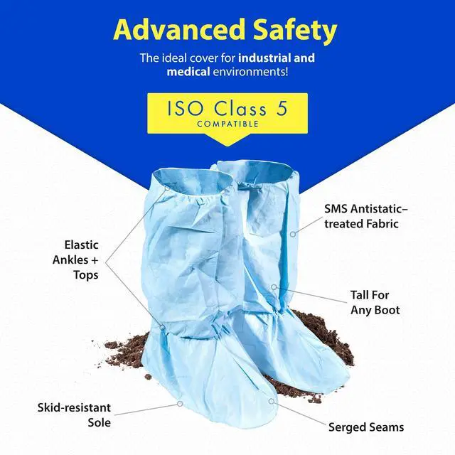 Alt view image 5 of 6 - Quest Traction Disposable Boot & Shoe Covers 18" Tall Non-Slip, Water-Resistant Protective Overshoes, Blue, X-Large, 50 Pairs for Cleanroom, Medical & Industrial Use