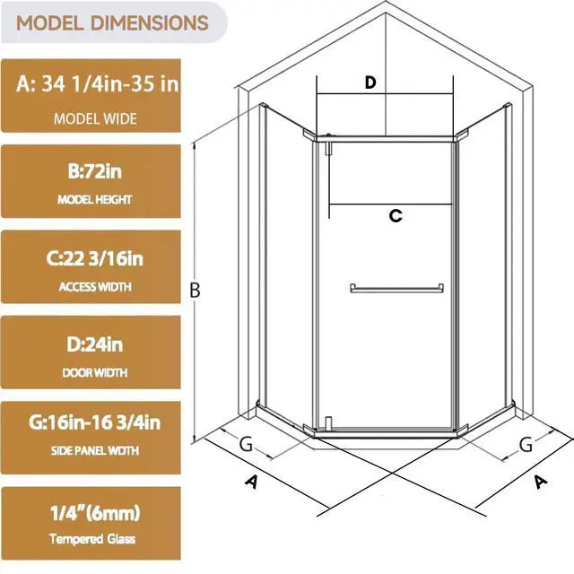 Alt view image 2 of 6 - Frameless Pivot Neo-Angle Shower Door 36" W x 72" H, 1/4" (6mm) Clear Tempered Glass Corner Shower Door, Chrome Aluminum Frame, Base Not Included
