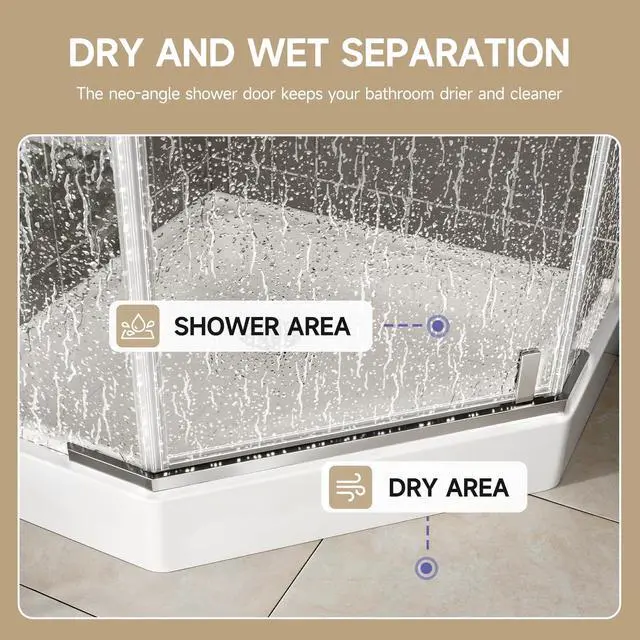 Alt view image 5 of 6 - Frameless Pivot Neo-Angle Shower Door 36" W x 72" H, 1/4" (6mm) Clear Tempered Glass Corner Shower Door, Chrome Aluminum Frame, Base Not Included