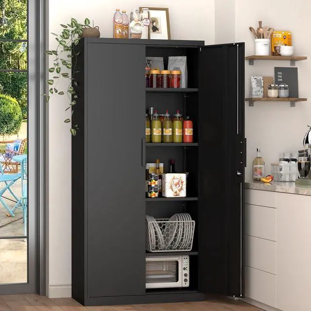 Alt view image 2 of 6 - Metal Garage Storage Cabinet with 2 Doors and Shelves - 72" x 34" x 18" Steel Lockable File Cabinet, Black Locking Tool Cabinets for Office Home Garage Gym School