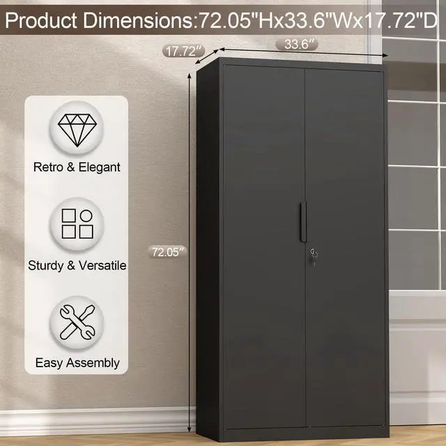 Alt view image 3 of 6 - Metal Garage Storage Cabinet with 2 Doors and Shelves - 72" x 34" x 18" Steel Lockable File Cabinet, Black Locking Tool Cabinets for Office Home Garage Gym School