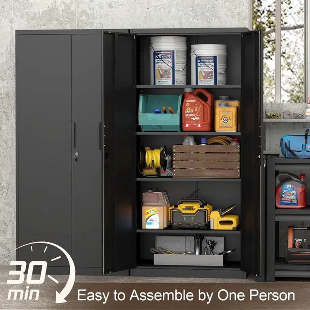 Alt view image 4 of 6 - Metal Garage Storage Cabinet with 2 Doors and Shelves - 72" x 34" x 18" Steel Lockable File Cabinet, Black Locking Tool Cabinets for Office Home Garage Gym School