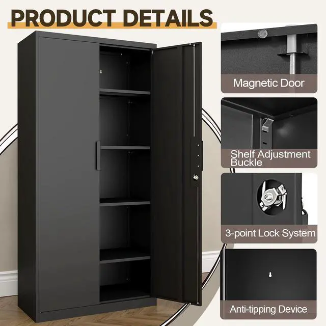 Alt view image 5 of 6 - Metal Garage Storage Cabinet with 2 Doors and Shelves - 72" x 34" x 18" Steel Lockable File Cabinet, Black Locking Tool Cabinets for Office Home Garage Gym School