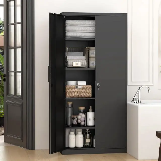 Alt view image 6 of 6 - Metal Garage Storage Cabinet with 2 Doors and Shelves - 72" x 34" x 18" Steel Lockable File Cabinet, Black Locking Tool Cabinets for Office Home Garage Gym School