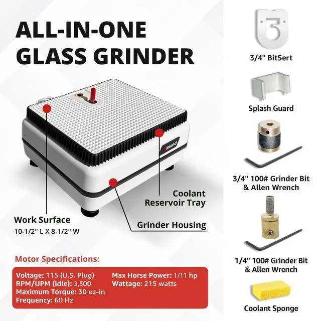 Alt view image 3 of 6 - WizCG Glass Grinder Precision Glass Grinder Machine for Shaping, Drilling for Stained Glass Tools, Craft Supplies for Adults, Includes Diamond Grinding Bit, 115V Only, White & Red