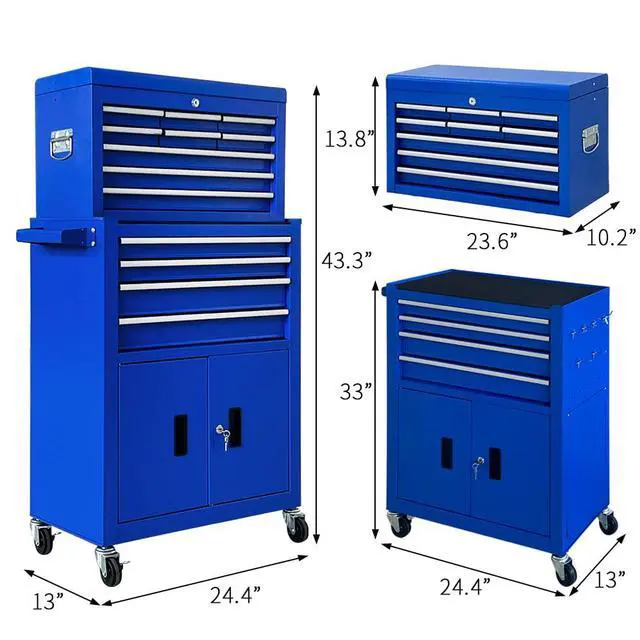 Alt view image 3 of 6 - 13-Drawer Tool Chest with Double Door Handle,2 in 1 Detachable Rolling Tool Chests with Wheels and Drawers,Large Tool Box with Lock,Mobile Steel Tool Cabinet Storage (Blue)