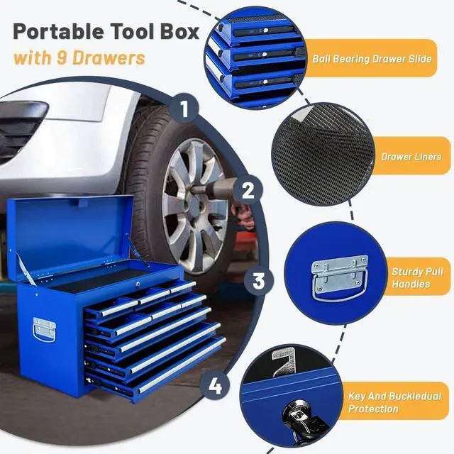 Alt view image 4 of 6 - 13-Drawer Tool Chest with Double Door Handle,2 in 1 Detachable Rolling Tool Chests with Wheels and Drawers,Large Tool Box with Lock,Mobile Steel Tool Cabinet Storage (Blue)