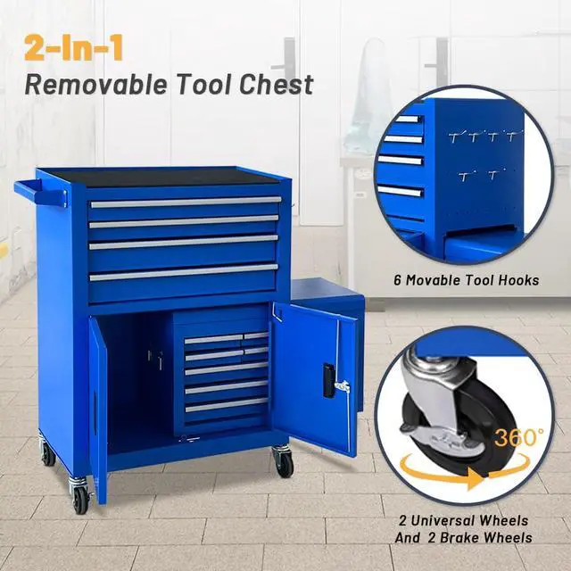 Alt view image 5 of 6 - 13-Drawer Tool Chest with Double Door Handle,2 in 1 Detachable Rolling Tool Chests with Wheels and Drawers,Large Tool Box with Lock,Mobile Steel Tool Cabinet Storage (Blue)