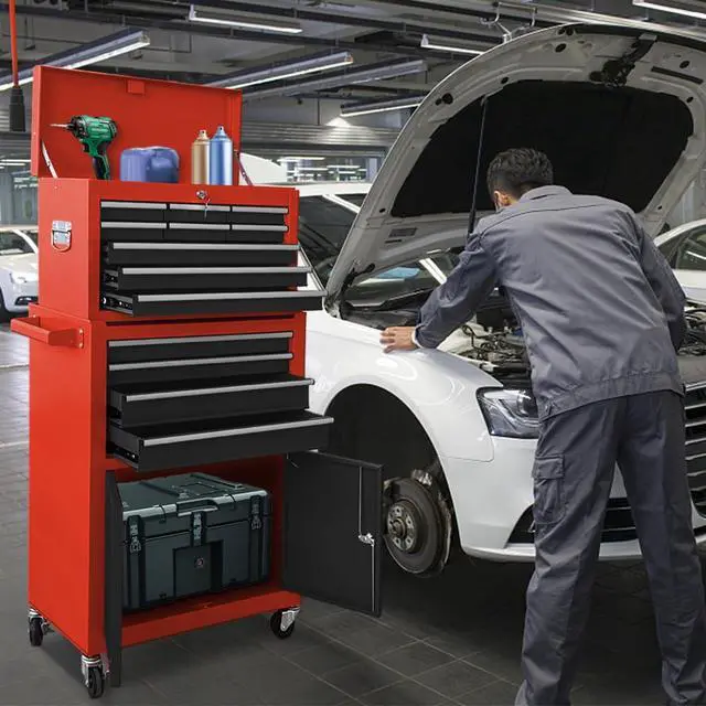 Alt view image 2 of 6 - Tool Chest 13-Drawer with Double Door Handle,2 in 1 Detachable Rolling Tool Chests with Wheels and Drawers,Large Tool Box with Lock (Red&Black)